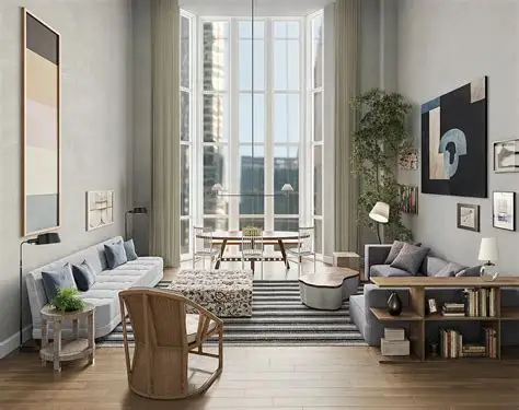 Double-height living room with floor-to-ceiling windows, pale sofas, and modern artwork.