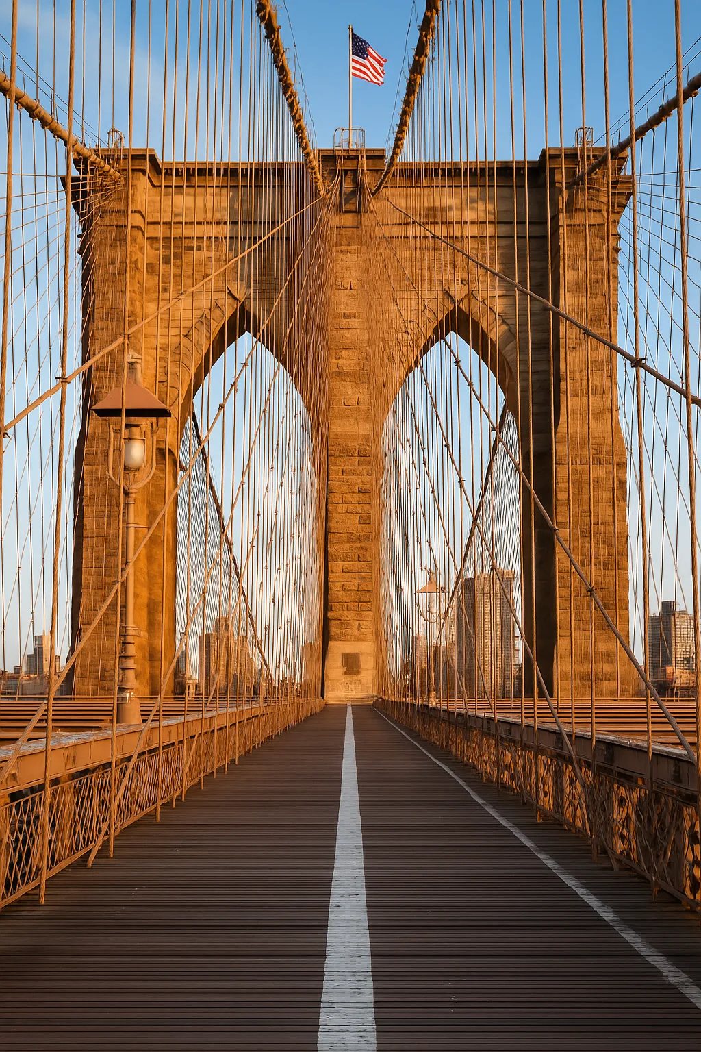Brooklyn Bridge walkway framed by suspension cables, with an American flag above its stone arches.