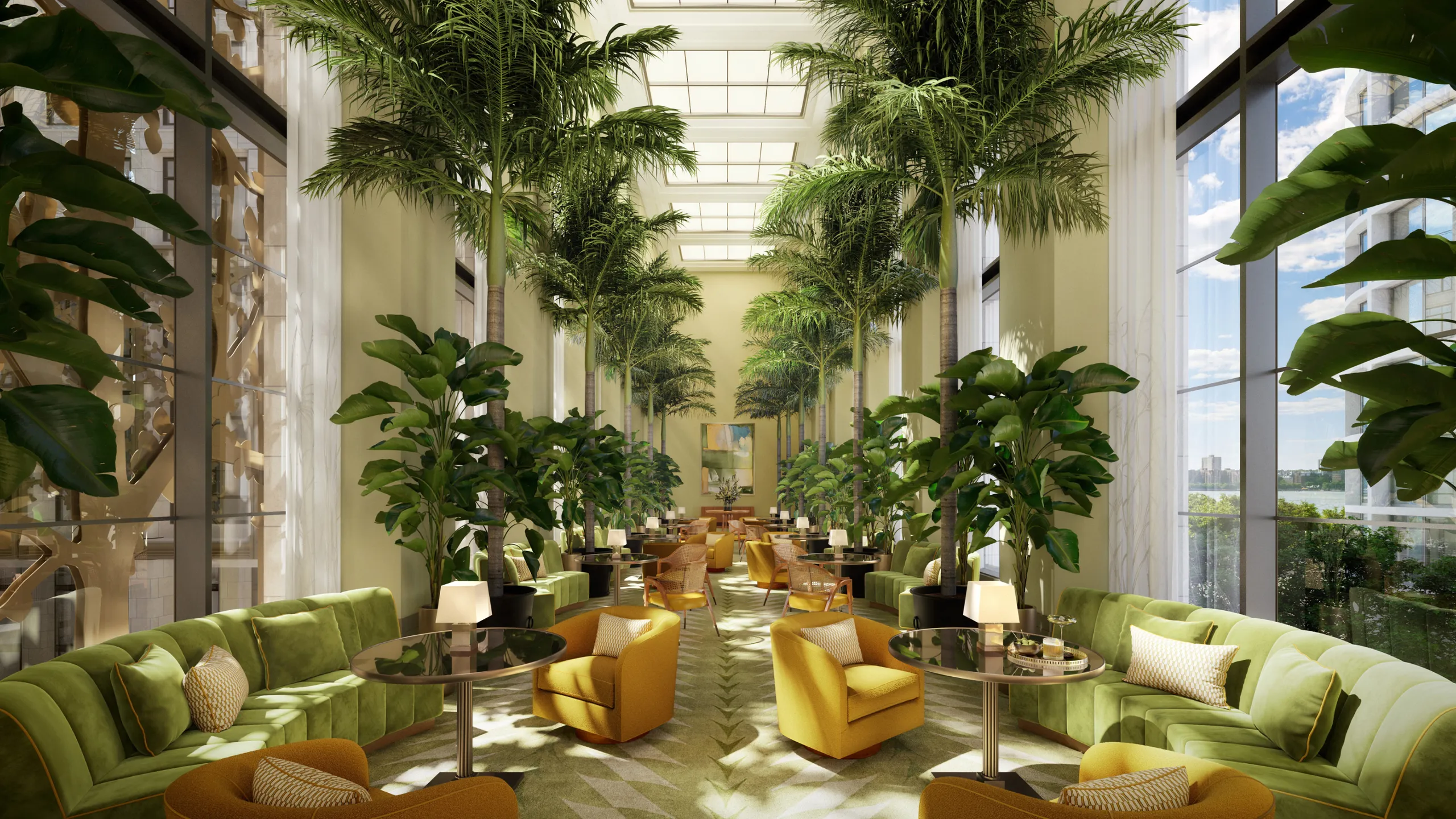 Furnished residential lounge with tall palms, green sofas, and Hudson River views.