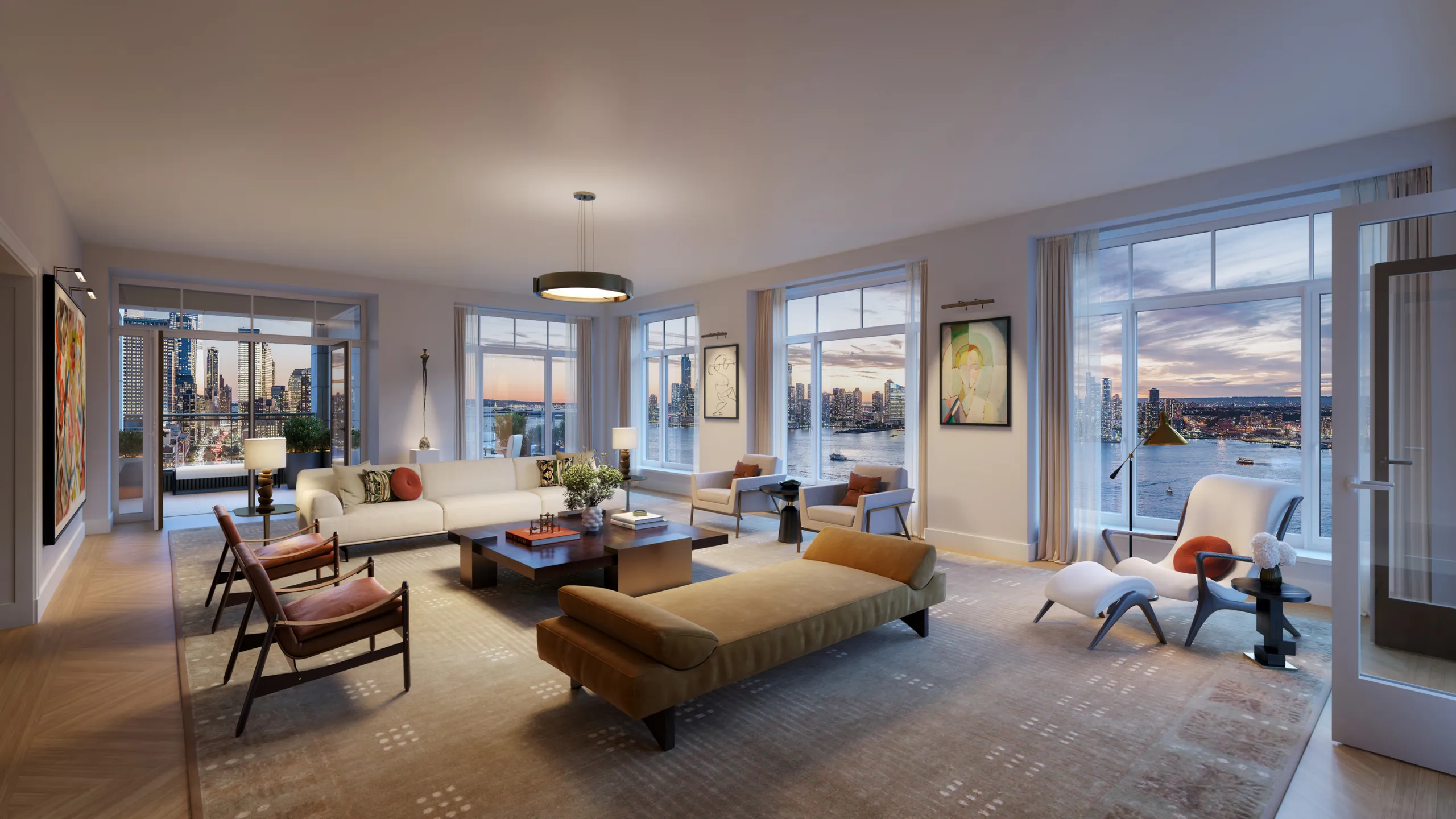 Living room with contemporary furnishings and floor-to-ceiling windows overlooking the Hudson River and city skyline.