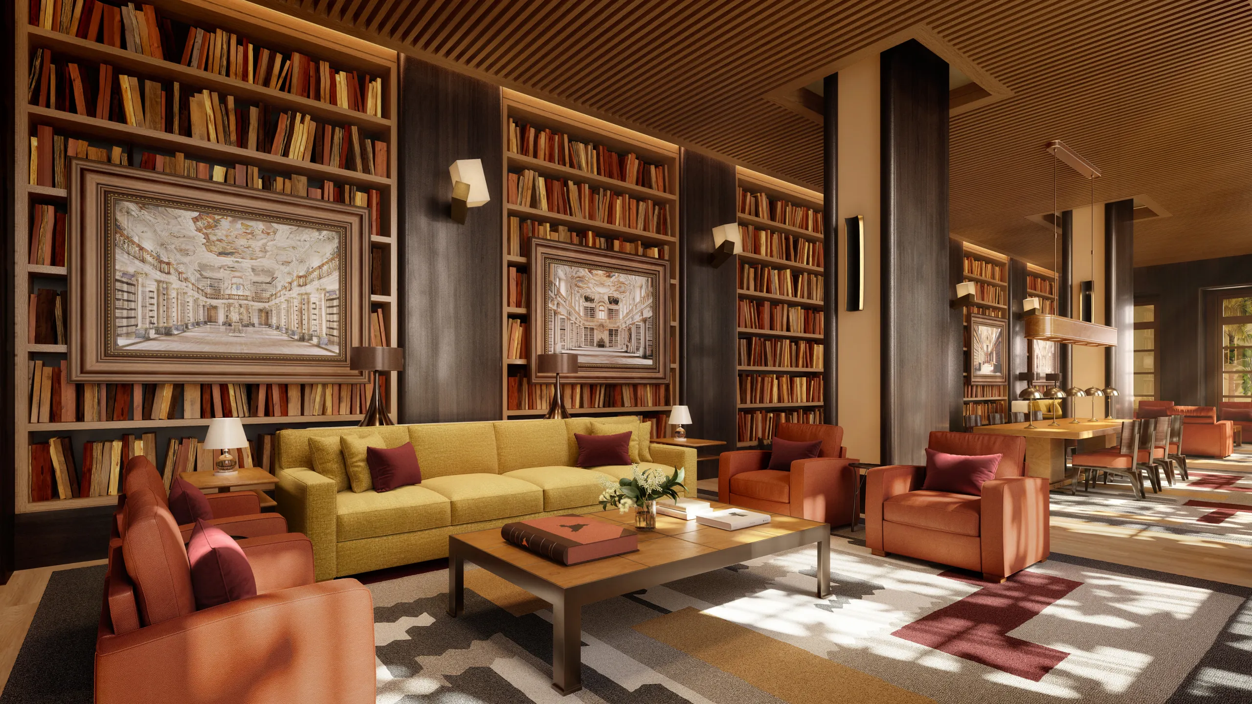 Residential library lounge with floor-to-ceiling bookshelves, mustard sofa, rust armchairs, and sunlit patterned rug.