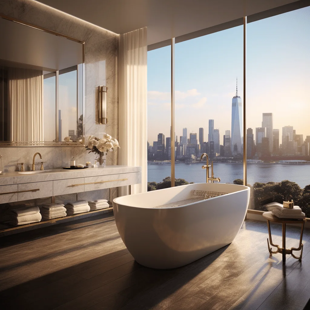 Marble bathroom with skyline view