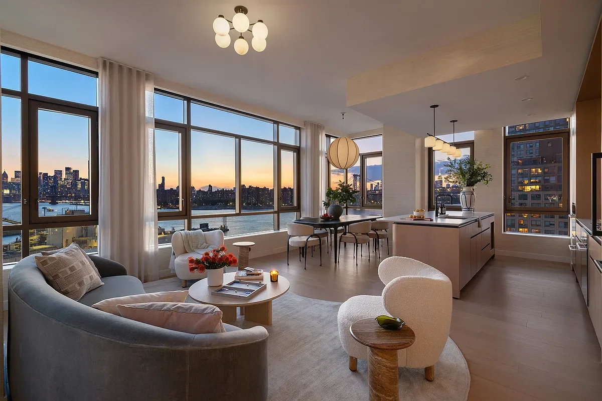 One Williamsburg Wharf living room at sunset