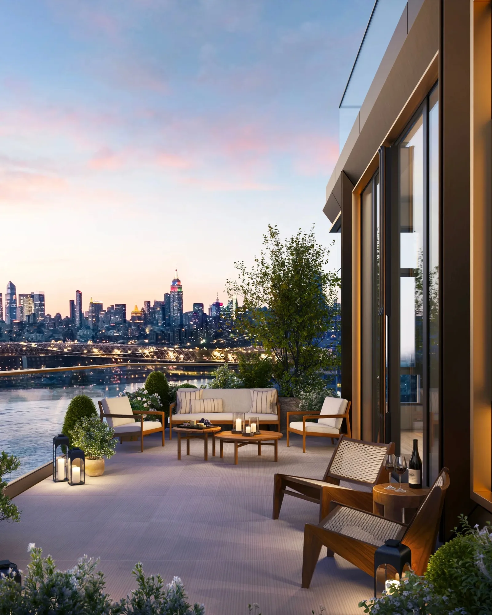 One Williamsburg Wharf terrace with Manhattan skyline